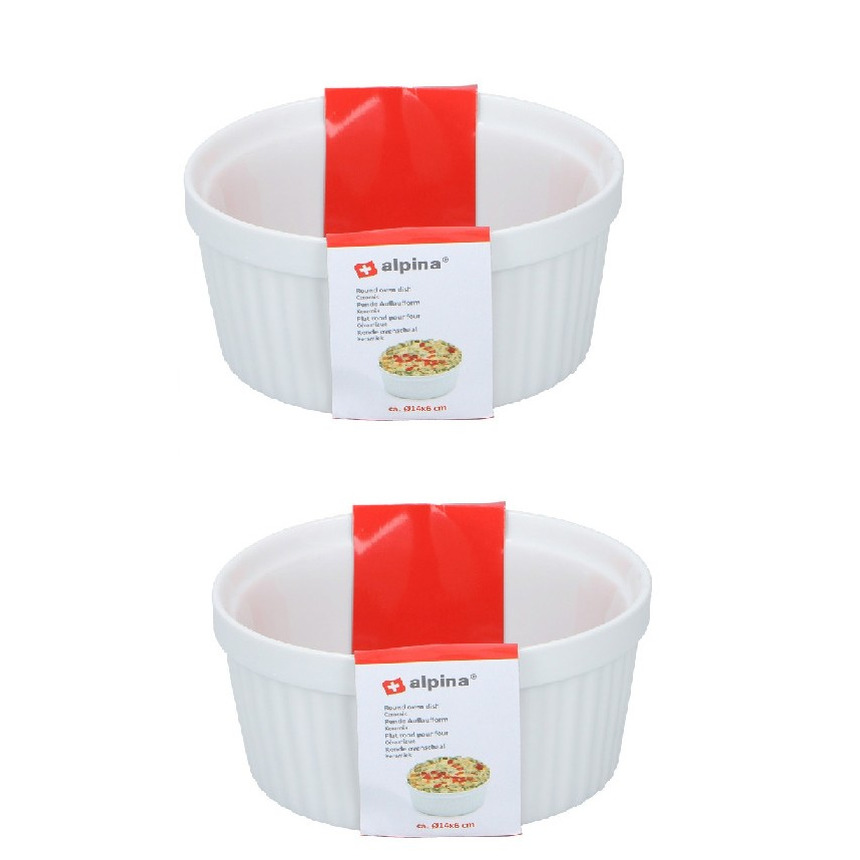 Merkloos Ovenschaaltje - 2x - wit - rond - d14 cm - 1-persoons - ovenschalen/braadslede - ovenschotel schalen -