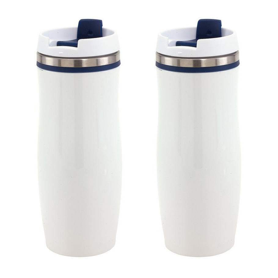 Merkloos Set van 2x stuks rVS Warmhoudbeker/isoleerbeker winter wit met blauw 400 ml -