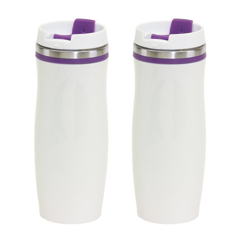 Merkloos Set van 2x stuks rVS Warmhoudbeker/isoleerbeker winter wit met paars 400 ml -