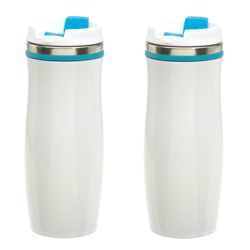 Merkloos Set van 2x stuks rVS Warmhoudbeker/isoleerbeker winter wit met turquoise 400 ml -