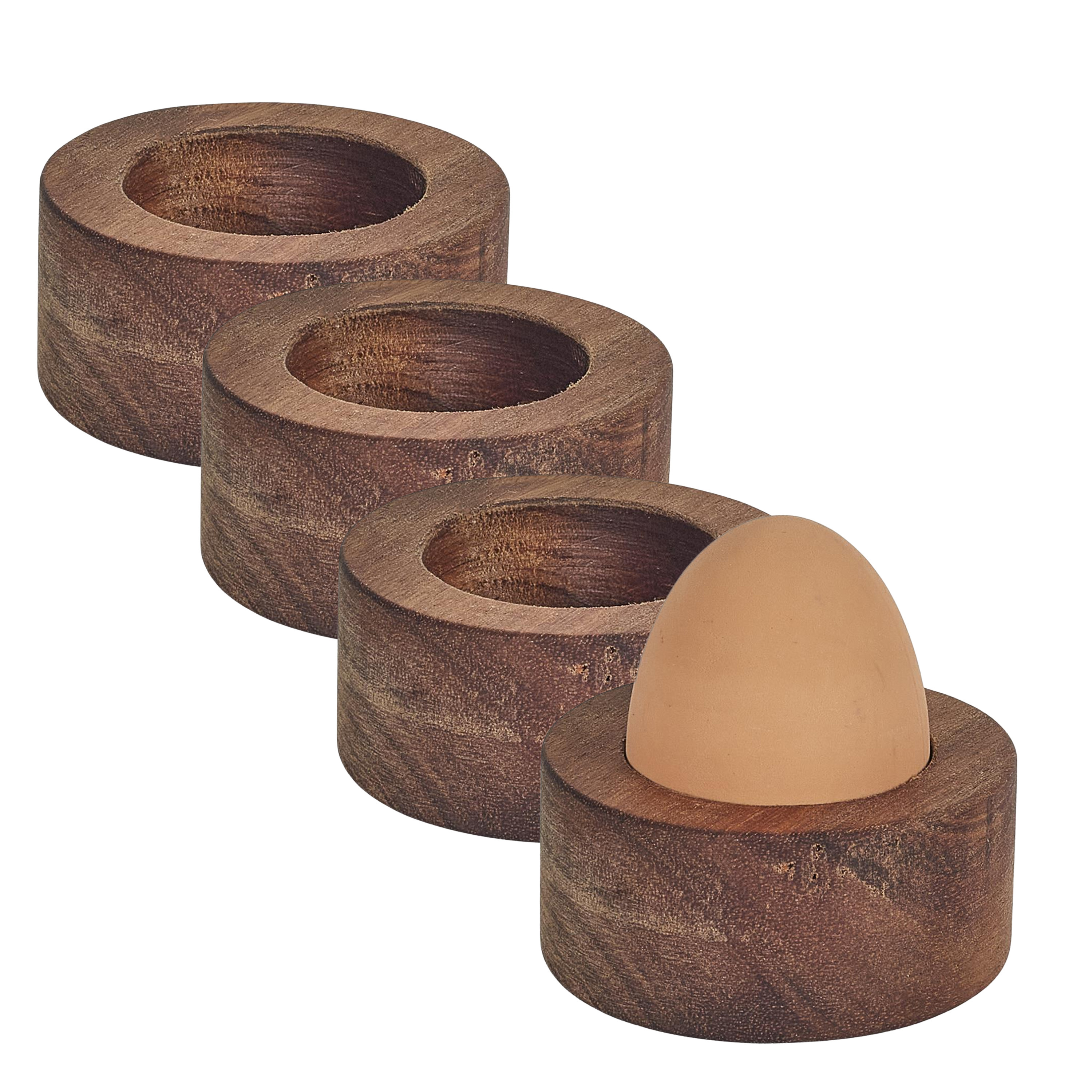 Home Deco Factory eierdop - 4x - acacia hout - donkerbruin - rond - 6,5 x 6,5 cm -