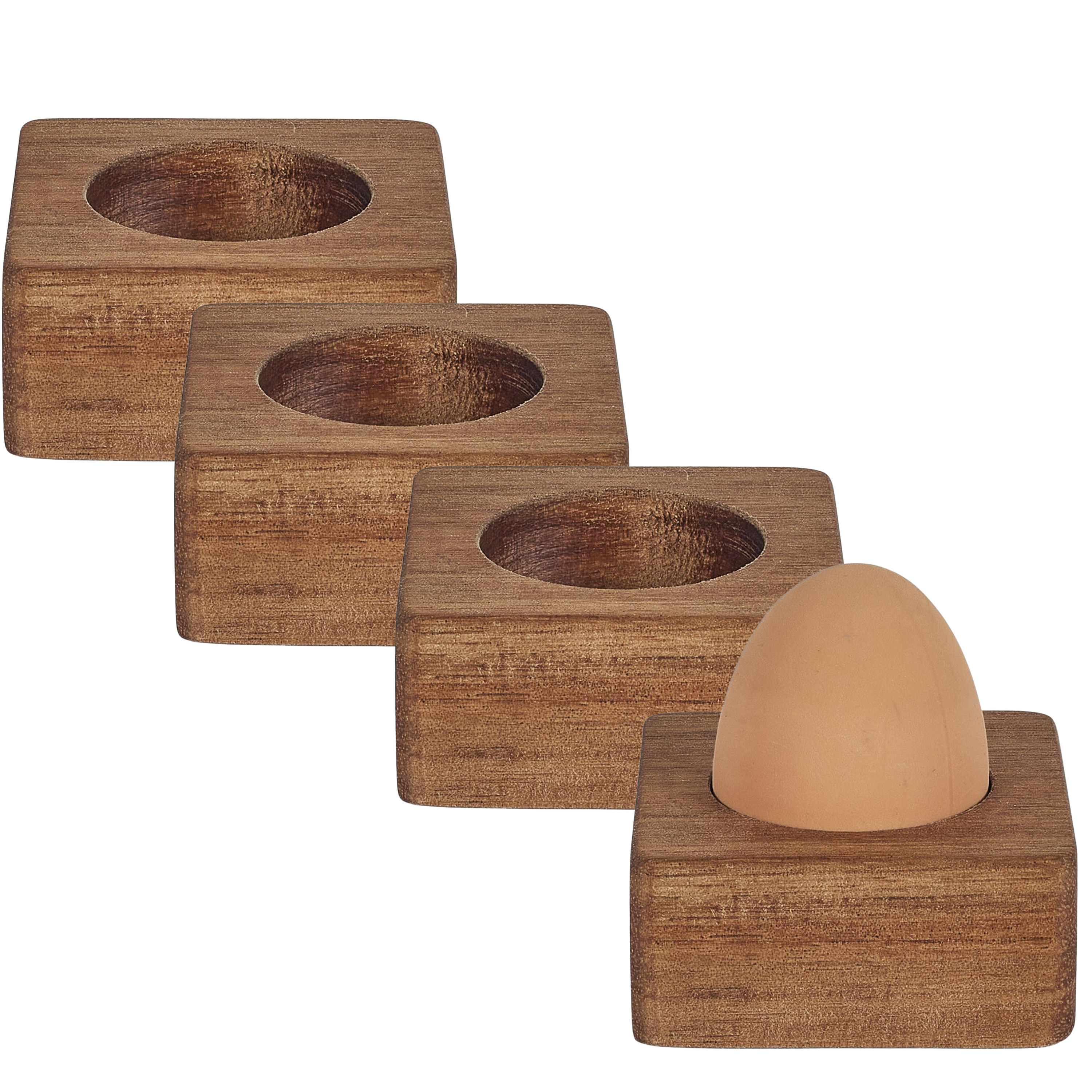 Home Deco Factory eierdop - 4x - acacia hout - donkerbruin - vierkant - 6,5 x 6,5 cm -