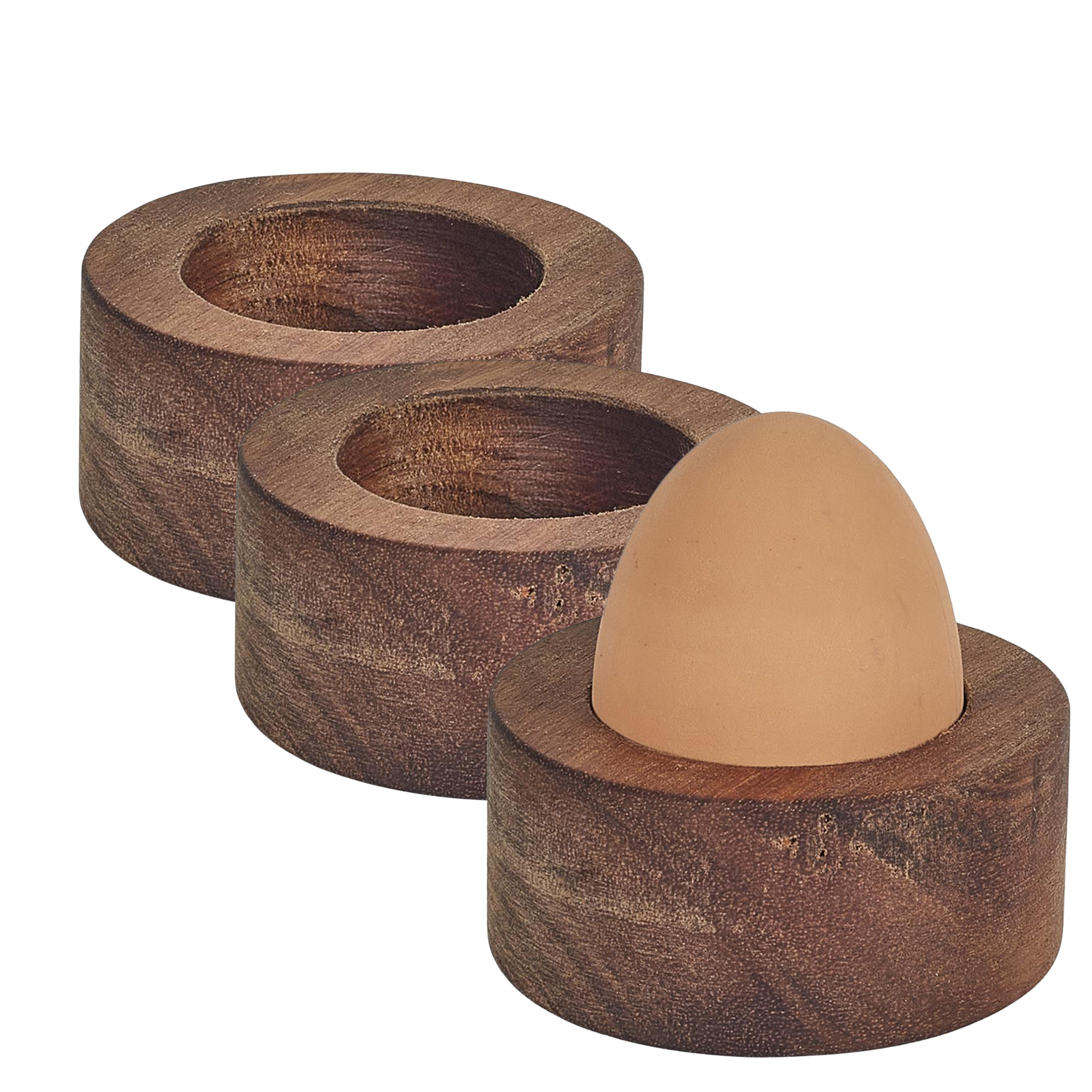 Home Deco Factory eierdop - 6x - acacia hout - donkerbruin - rond - 6,5 x 6,5 cm -