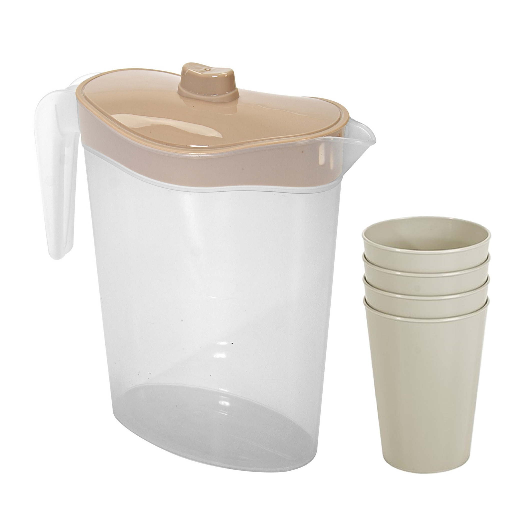 Hega Hogar Waterkan/sapkan met deksel beige - 2,5 liter - kunststof - met 4x stuks kunststof glazen 300 ml -