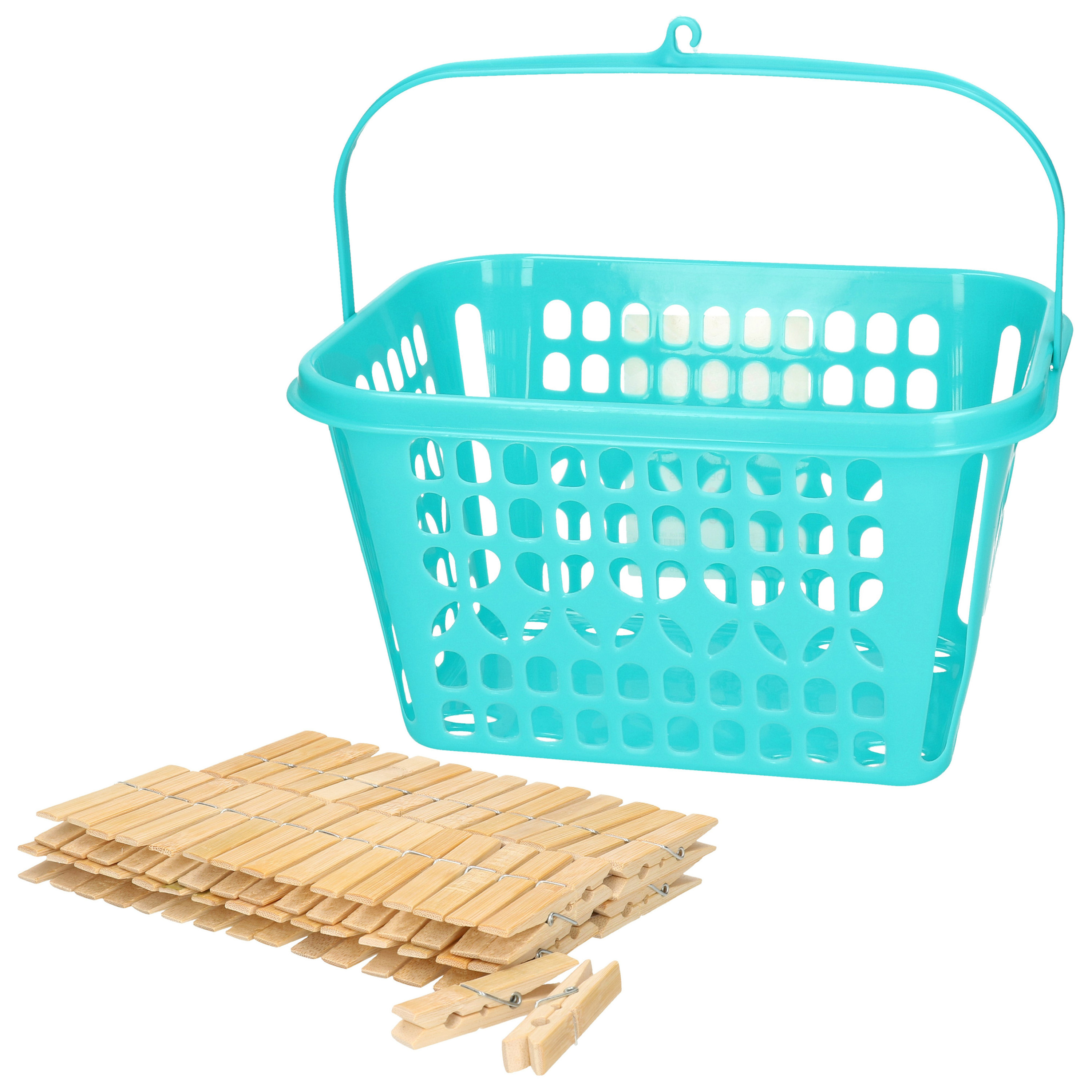 Merkloos Wasknijpersmandje met haak - blauw - en 120x houten wasknijpers 7 cm -