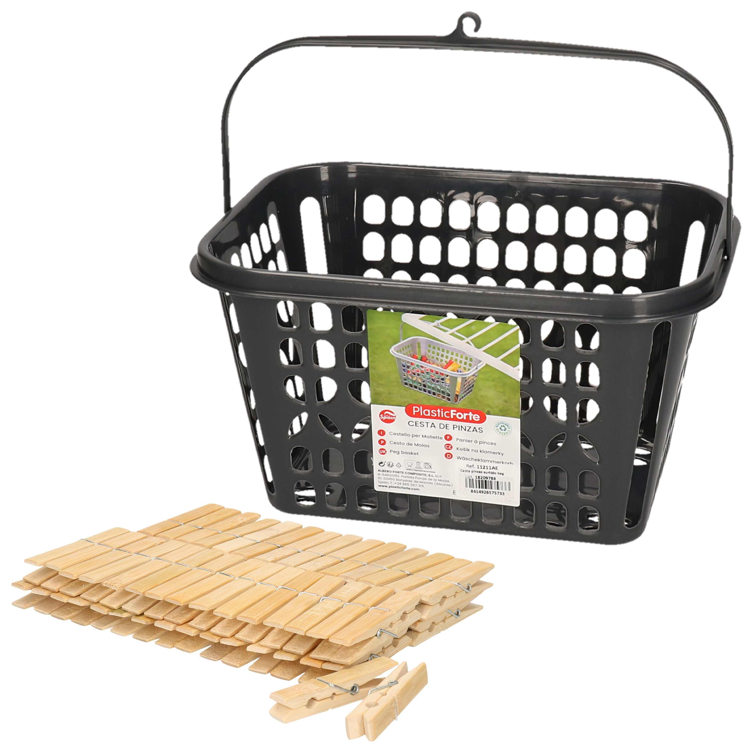 Merkloos Wasknijpersmandje met haak - zwart - en 120x houten wasknijpers 7 cm -