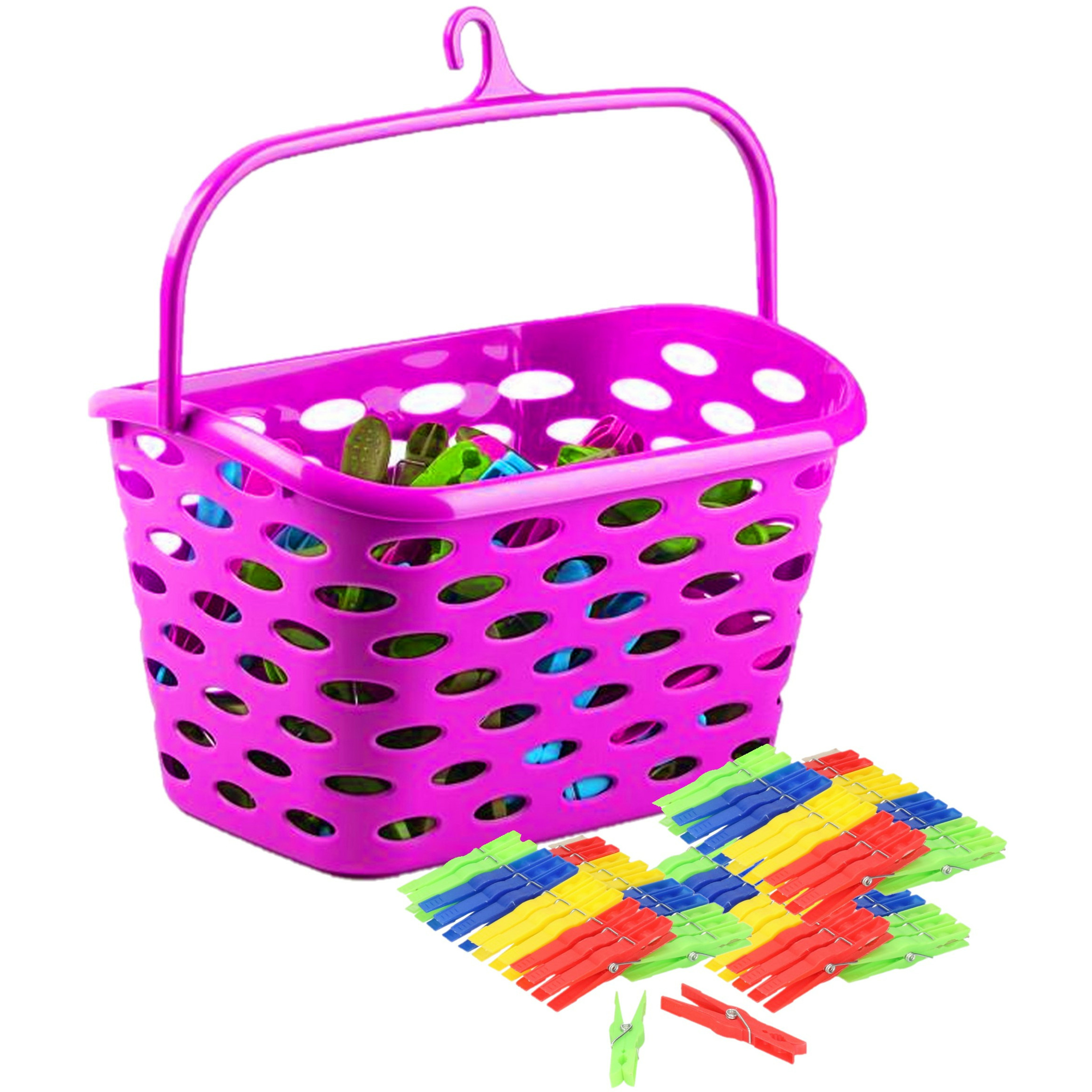 PlasticForte Wasknijpers ophang mandje/bakje - fuchsia roze - met 72x plastic knijpers -