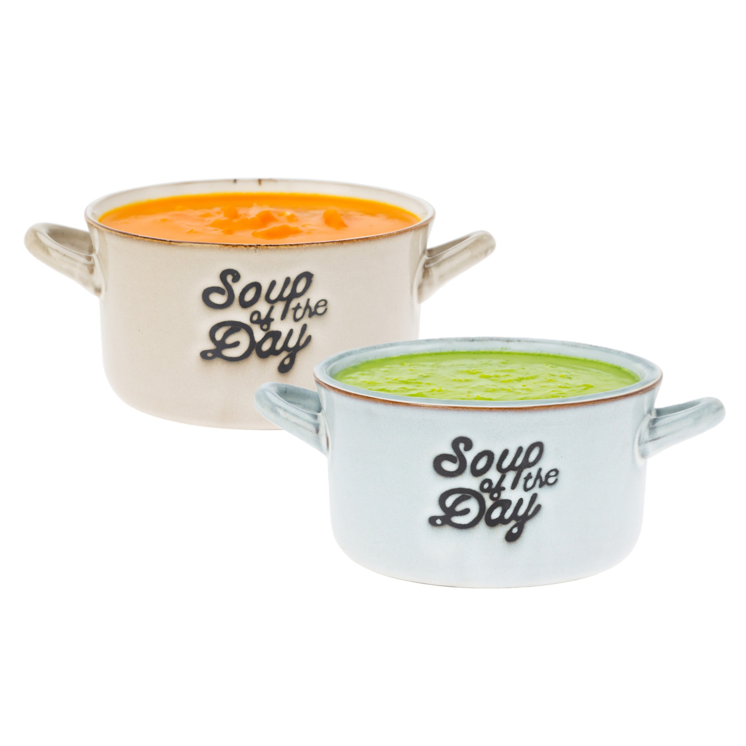 Excellent Houseware Soepkommen/serveer schaaltjes - 2x - met oor - lichtblauw/beige porselein - 500ml -