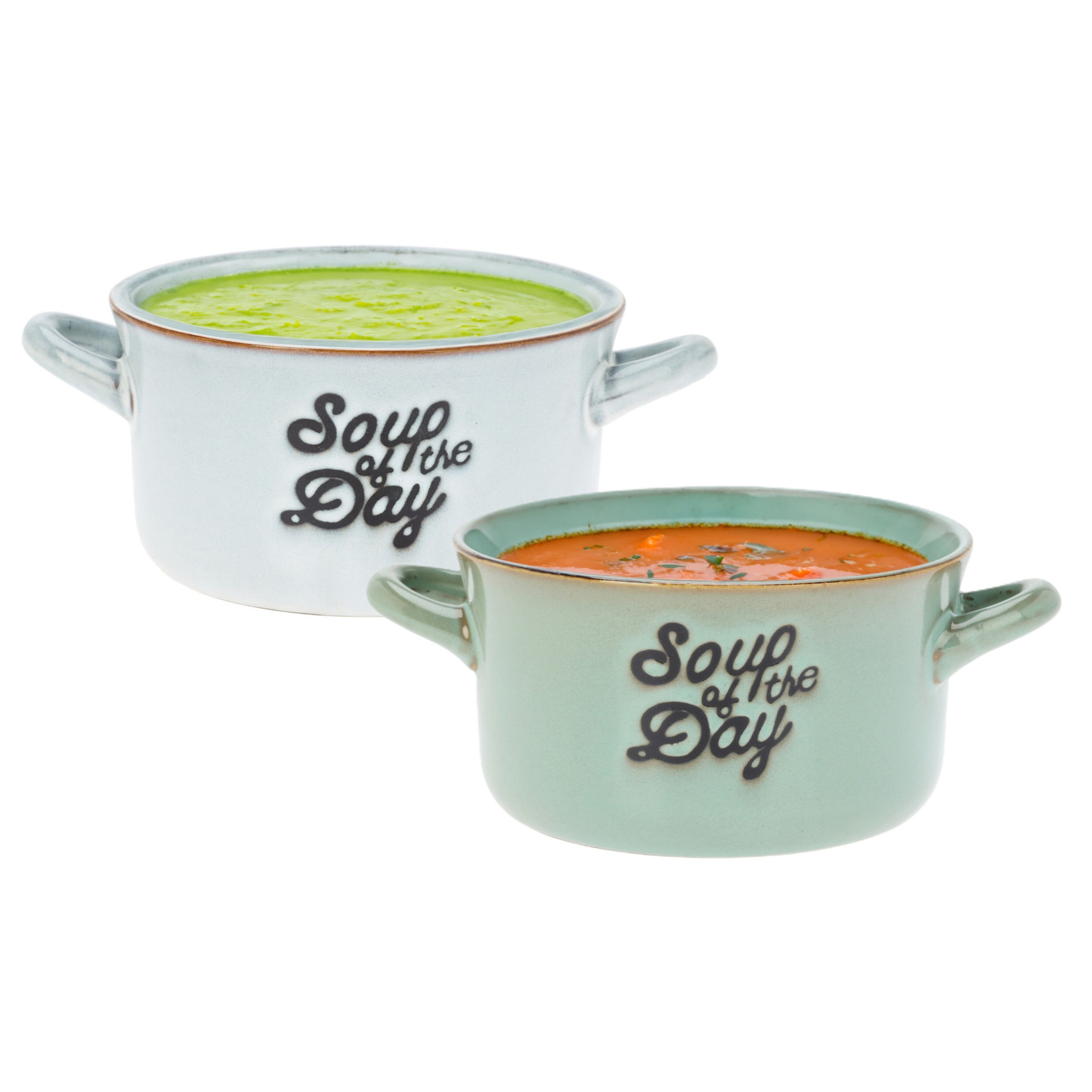 Excellent Houseware Soepkommen/serveer schaaltjes - 2x - met oor - lichtblauw/lichtgroen porselein - 500ml -