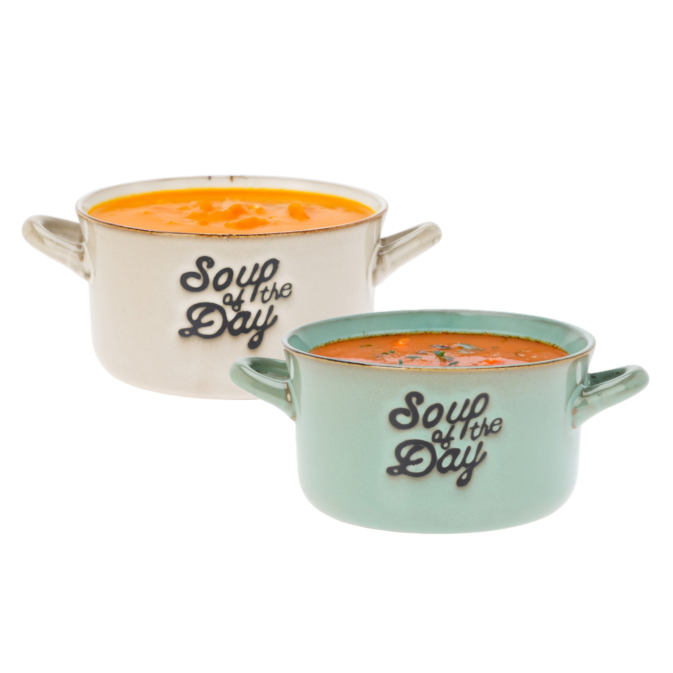 Excellent Houseware Soepkommen/serveer schaaltjes - 2x - met oor - lichtgroen/beige porselein - 500ml -