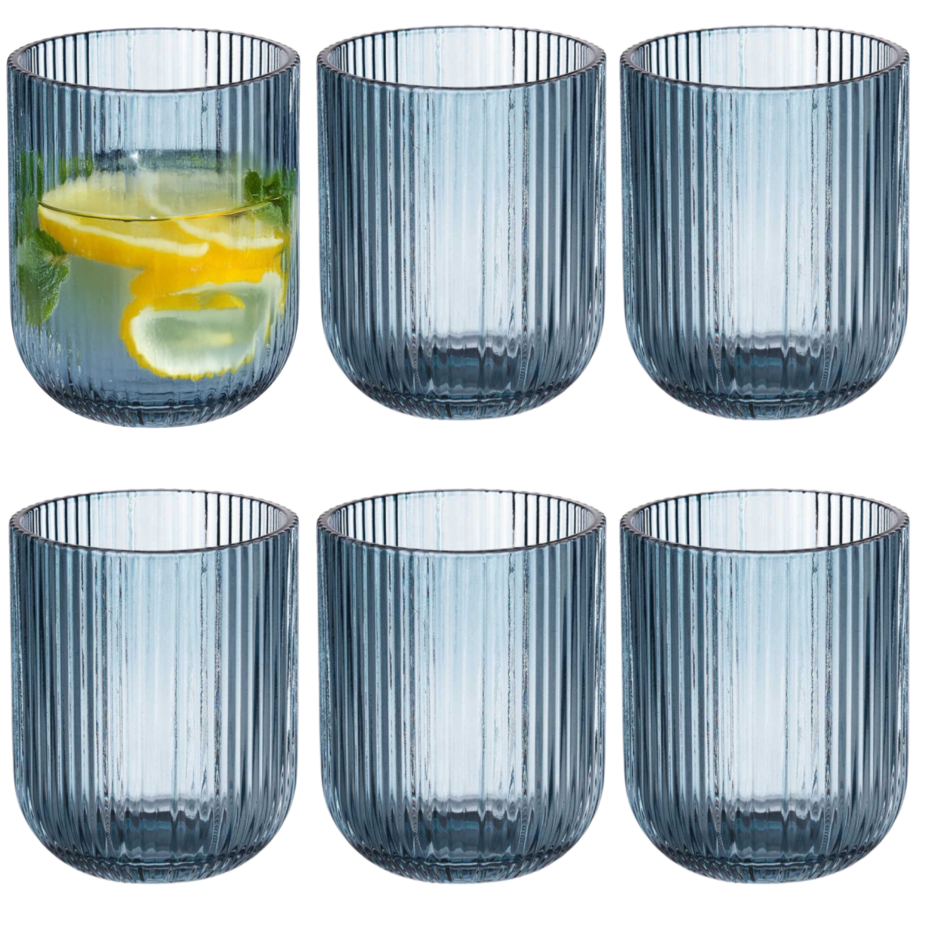 Vivalto Waterglas blauw - 6x stuks - glas - met relief - 270 ml -