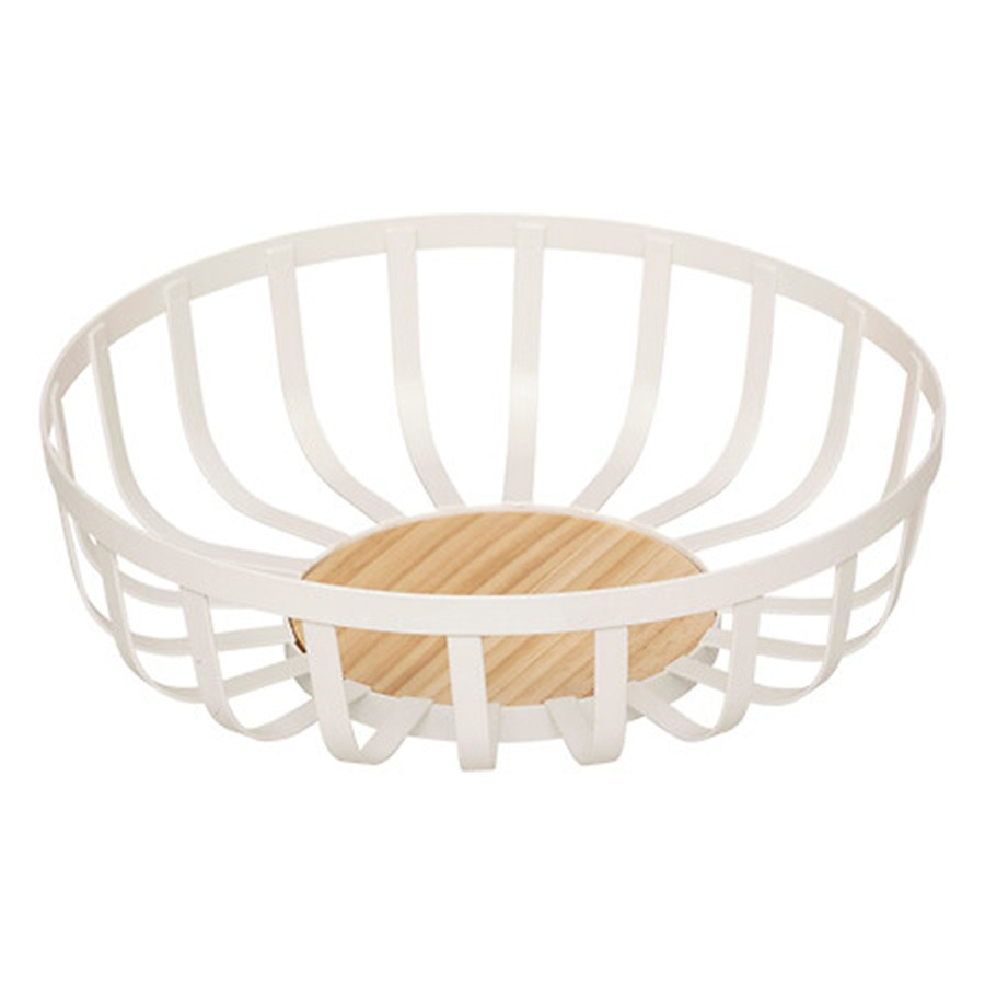 5five Fruitschaal / Fruitmand Zaragossa - metaal/hout - D28 x H9 cm - wit - rond -