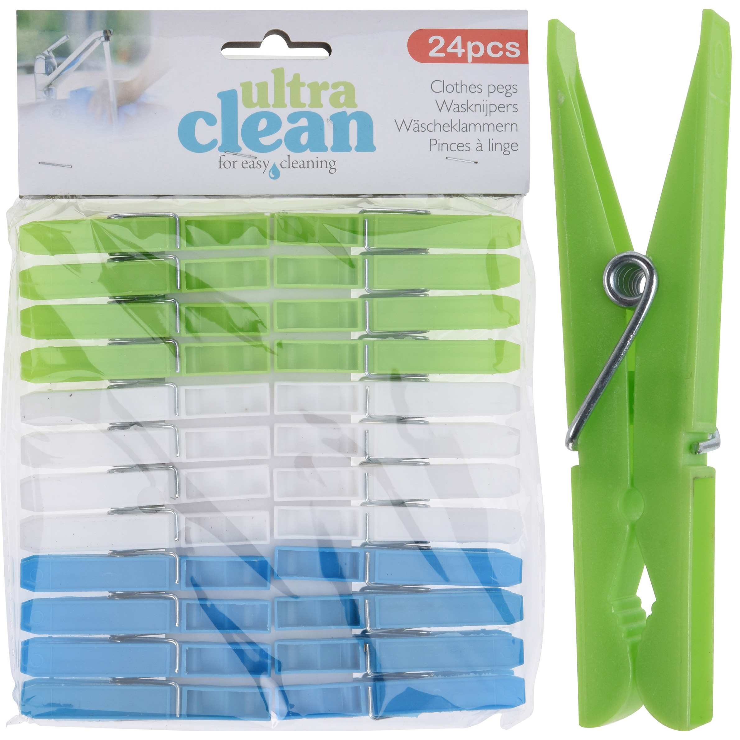 Merkloos Ultra Clean Wasknijpers - 96x stuks - groen/blauw/wit - van kunststof - formaat 7 cm - wassen -