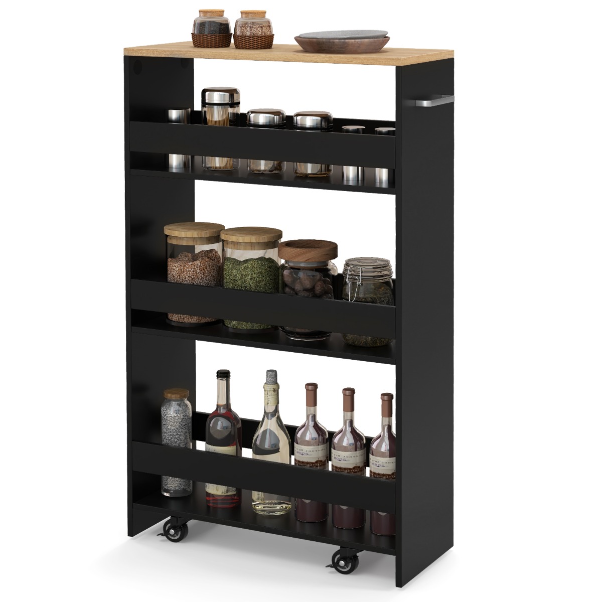 Costway Nissenwagen 20 cm Breed 4 Verdiepingen Keukenwagen Smal Nissenrek op Wielen 47,5 x 20 x 80,5 cm Zwart