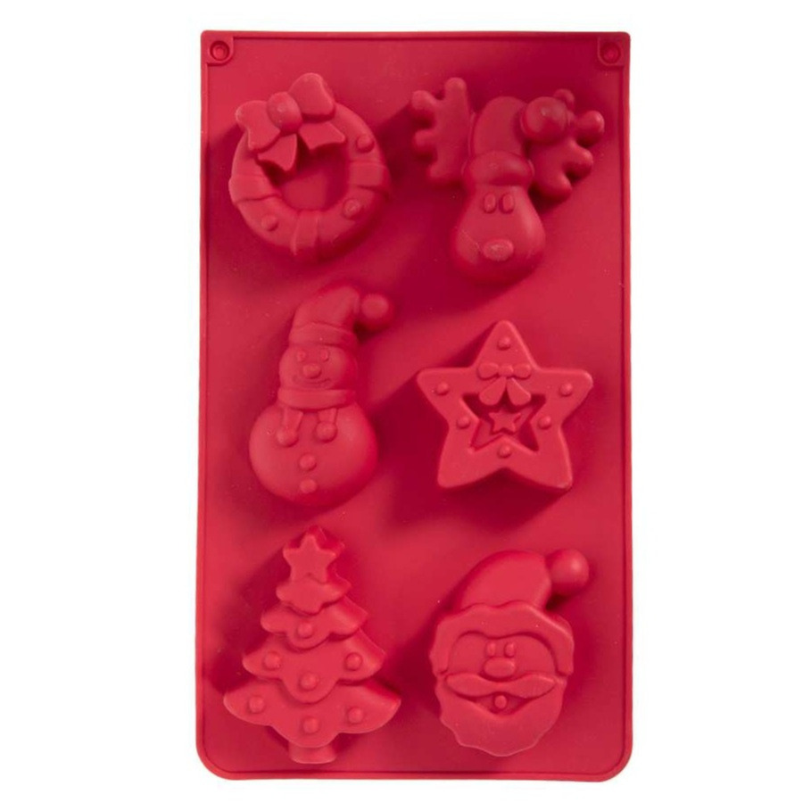 Svenska Living Bakvorm kerst thema - 6 figuren - siliconen - rood - 30 x 18 cm - kerstkoekjes/kerst cakejes -