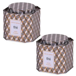 Urban Living Thee bewaarblik - 2x - retro print - metaal - 10 x 10 cm - theeblik - losse thee -
