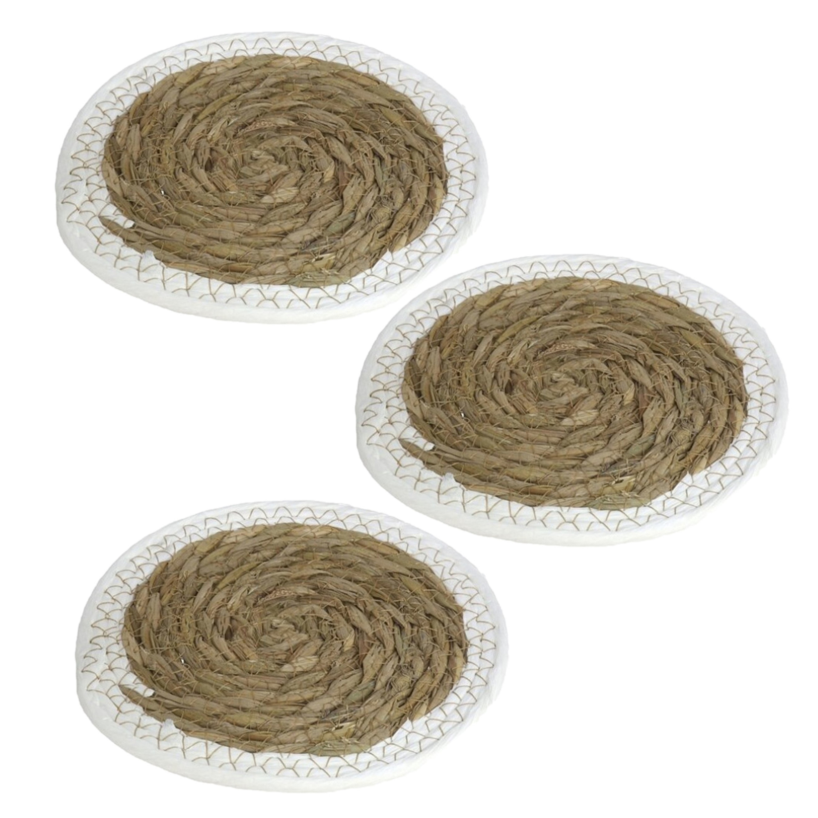 Gerimport Pannenonderzetter - Set van 3x stuks - zeegras - rond - 20x20 cm - naturel/wit - stevig - decoratief -
