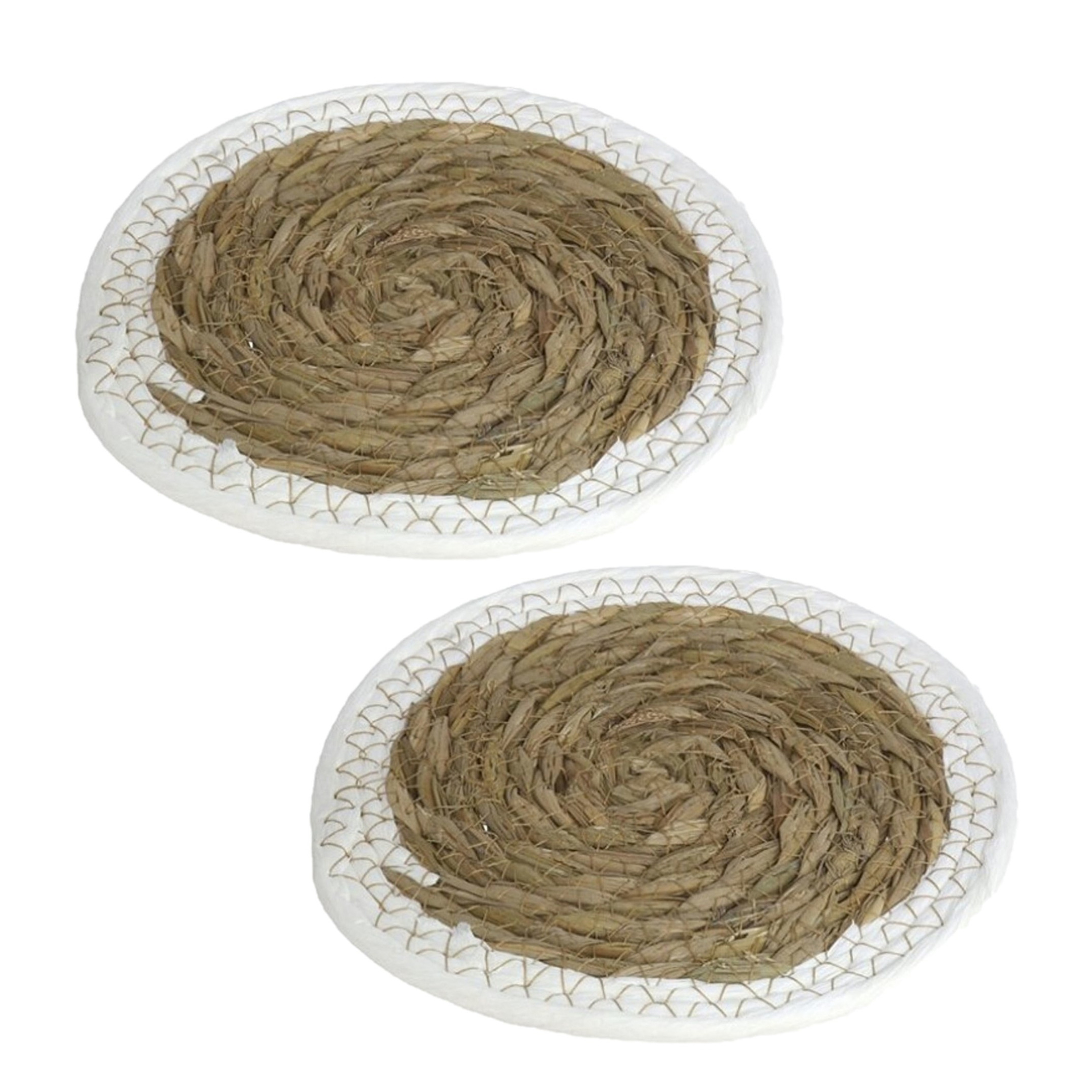 Gerimport Pannenonderzetter - Set van 4x stuks - zeegras - rond - 20x20 cm - naturel/wit - stevig - decoratief -