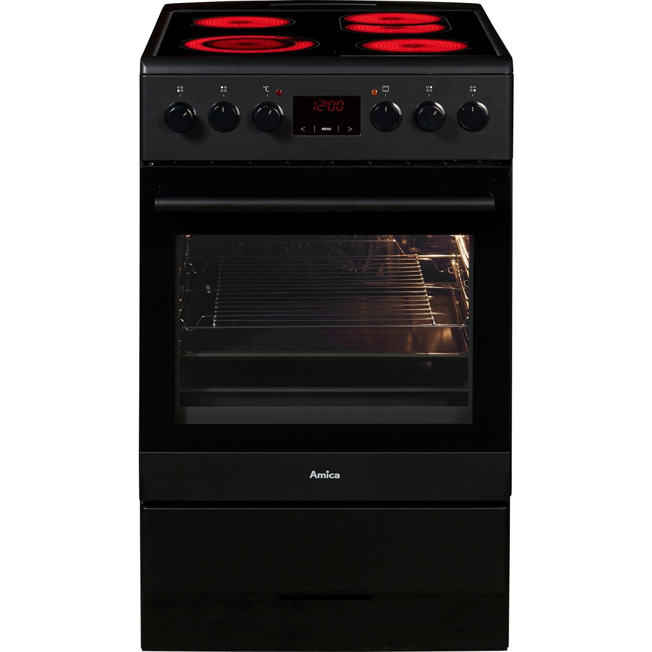 Vrijstaand elektrisch fornuis SHC 11503 SM Oven met 11 programma's en tweeledig uittrekbare bakplaat rails.