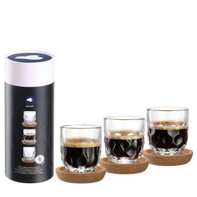 LEONARDO Glazenset Espresso set GOCCE, 90 ml, 6-delig 3 glazen met verschillend druppelreliëf, incl. kurken onderzetters (set, 6-delig)