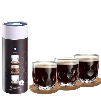 LEONARDO Glazenset Koffie set GOCCE, 220 ml, 6-delig 3 glazen met verschillend druppelreliëf, incl. kurken onderzetters (set, 6-delig)