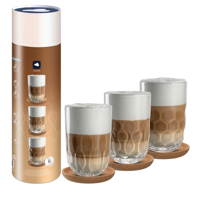 LEONARDO Glazenset Latte macchiato set GOCCE, 380 ml, 6-delig 3 glazen met verschillend druppelreliëf, incl. kurken onderzetters (set, 6-delig)