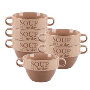 Bellatio Design Soepkommen - 6x - Soup of the day - keramiek - D12 x H8 cm - terra/beige - Stapelbaa -