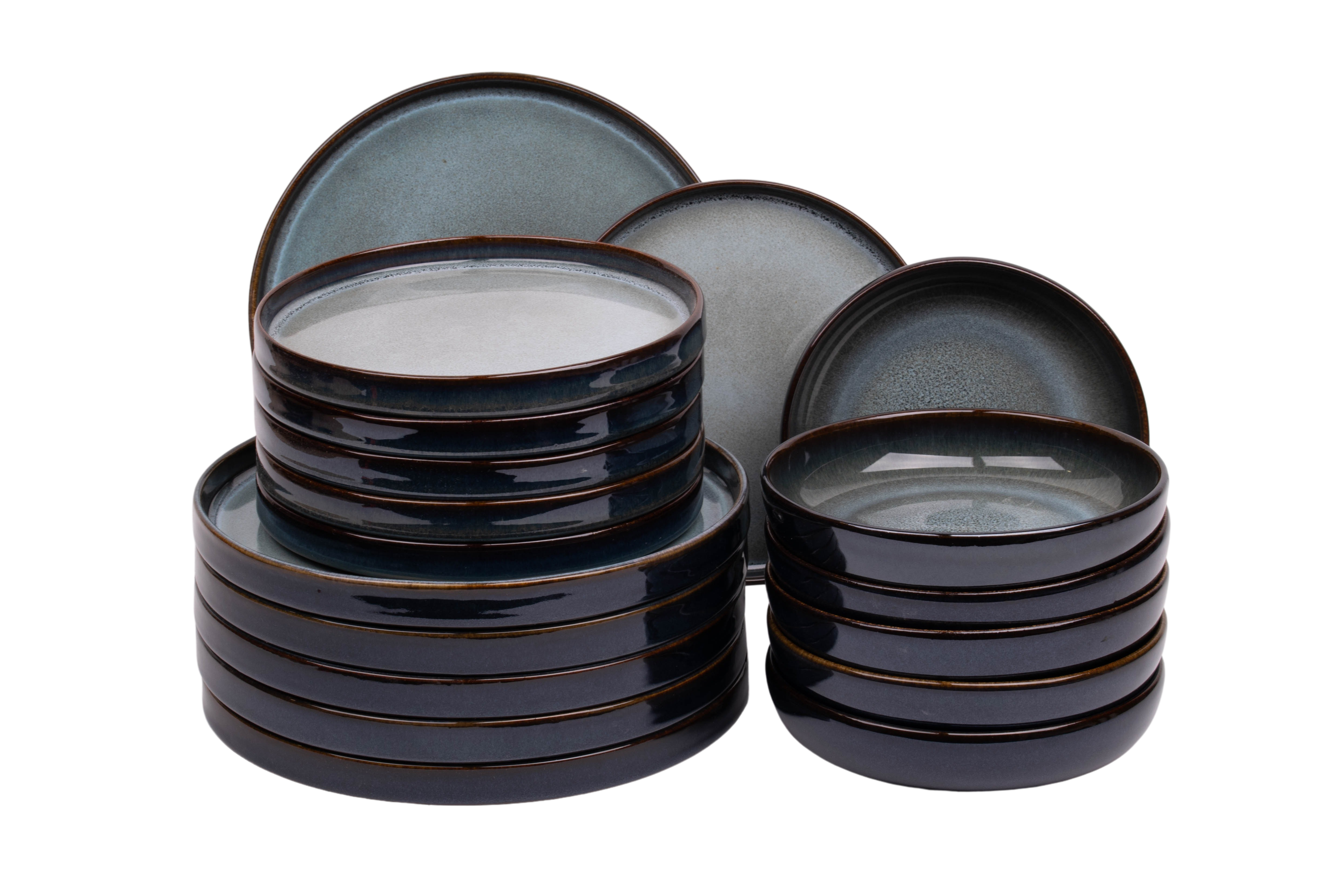 Kade 171 18 delige serviesset - 6 persoons - Porto - blauw met groen - rechtopstaande rand - Portugees stoneware