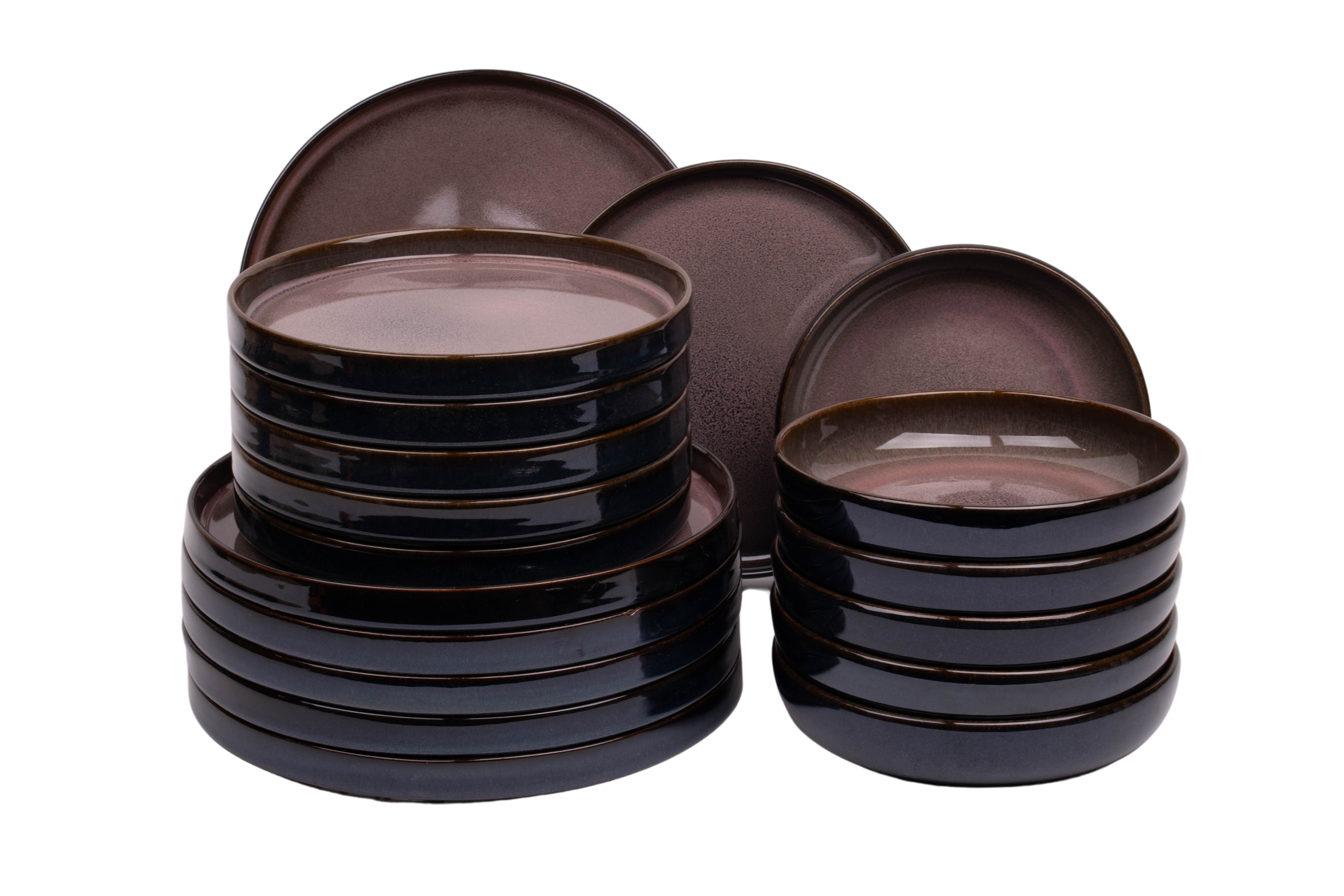 Kade 171 18 delige serviesset - 6 persoons - Vila Nova - roze met blauw - rechtopstaande rand - Portugees stoneware