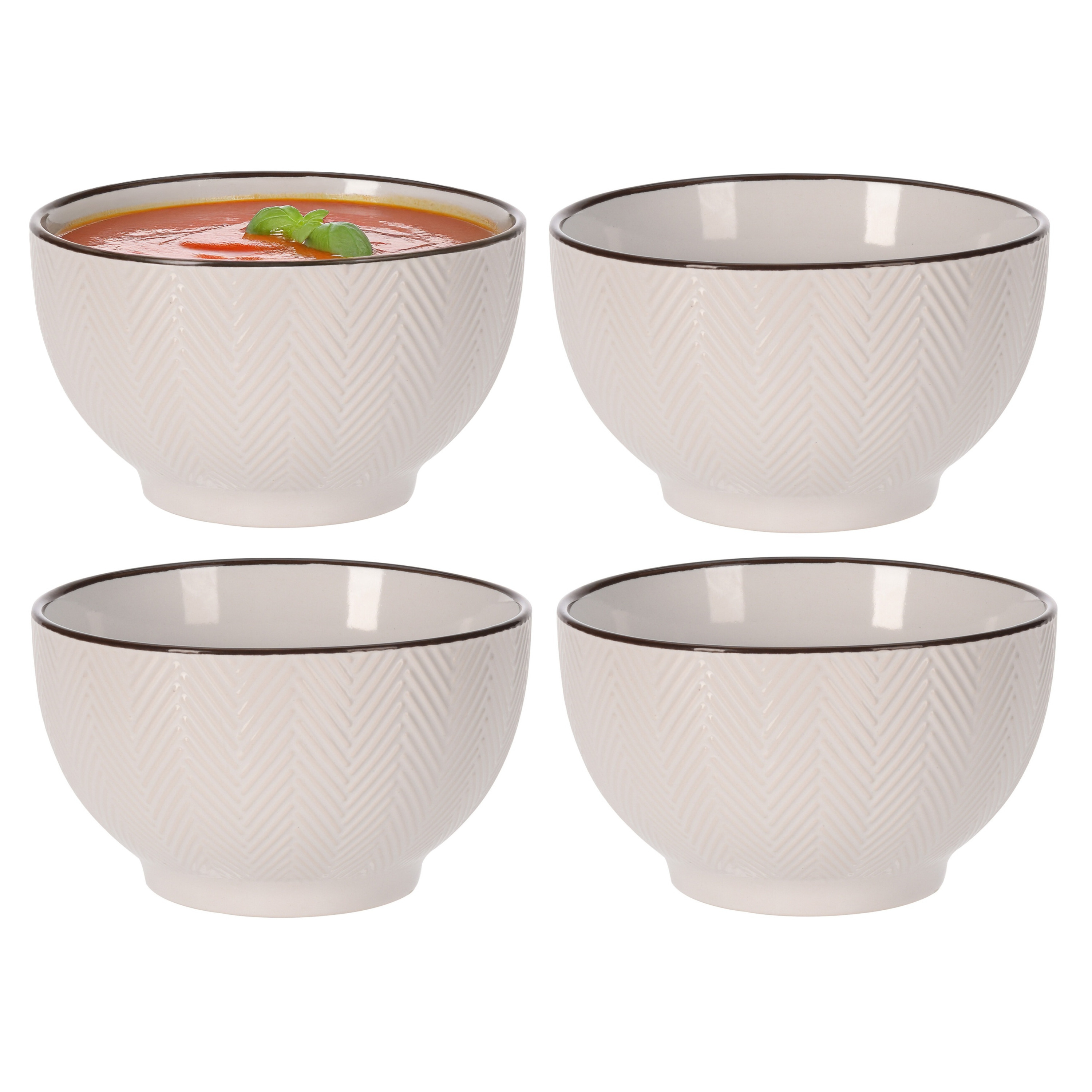 Siaki Soepkom Fishbone - 4x - beige - 14 x 8 cm - keramiek - kommetjes - 680 ml -