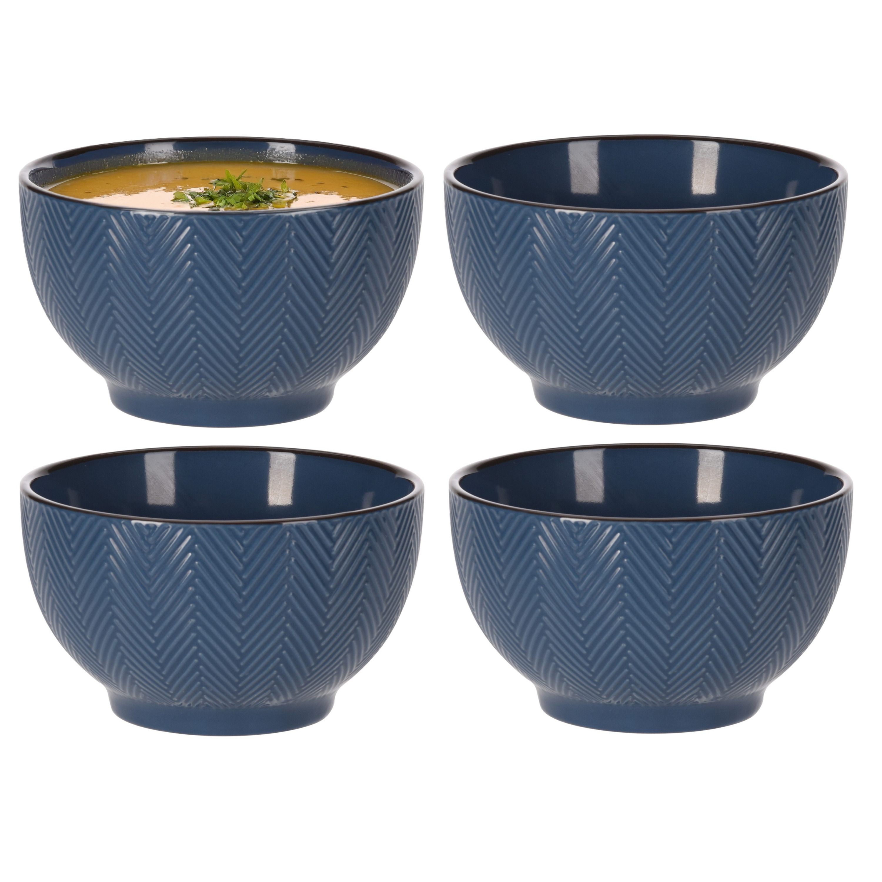 Siaki Soepkom Fishbone - 4x - blauw - 14 x 8 cm - keramiek - kommetjes - 680 ml -