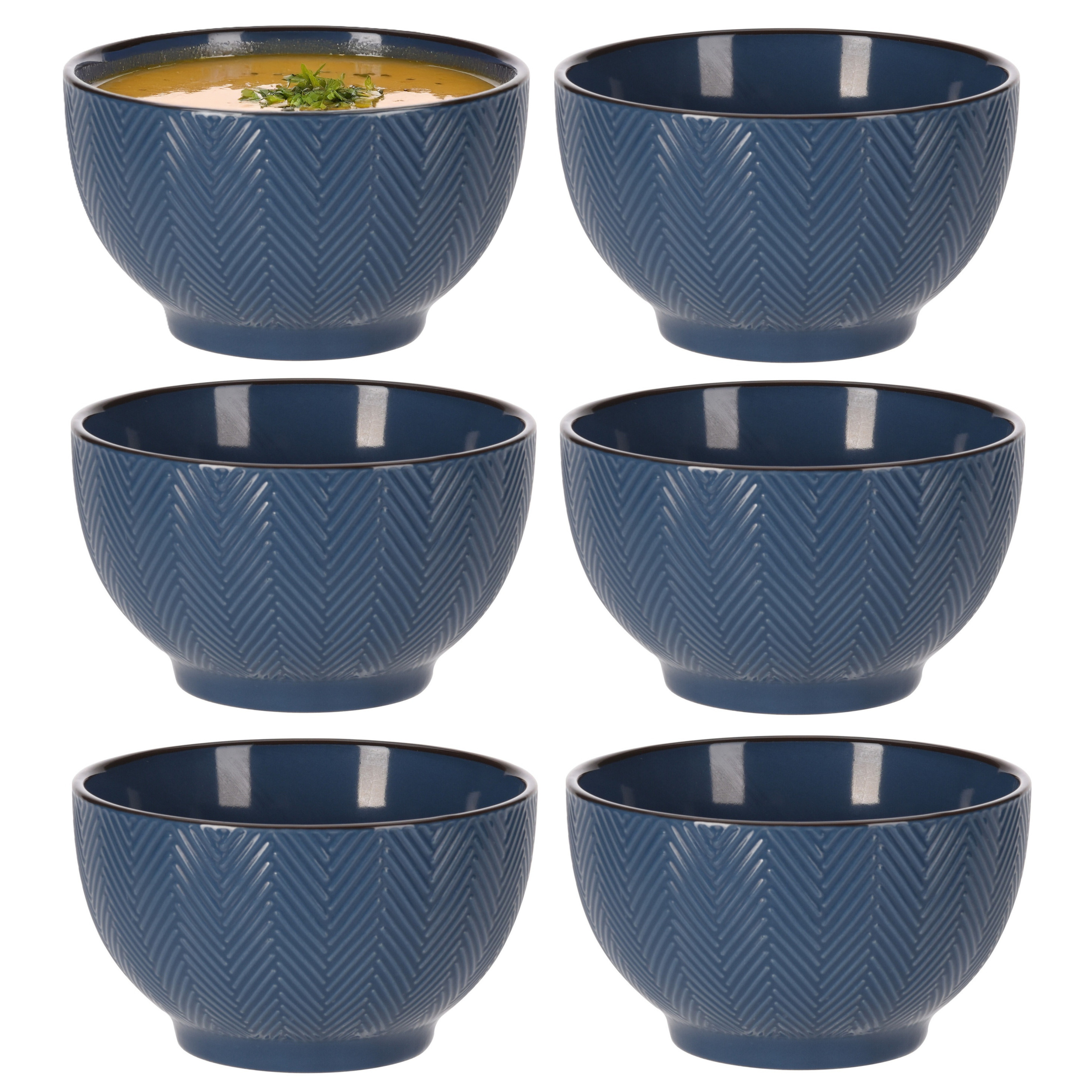 Siaki Soepkom Fishbone - 6x - blauw - 14 x 8 cm - keramiek - kommetjes - 680 ml -