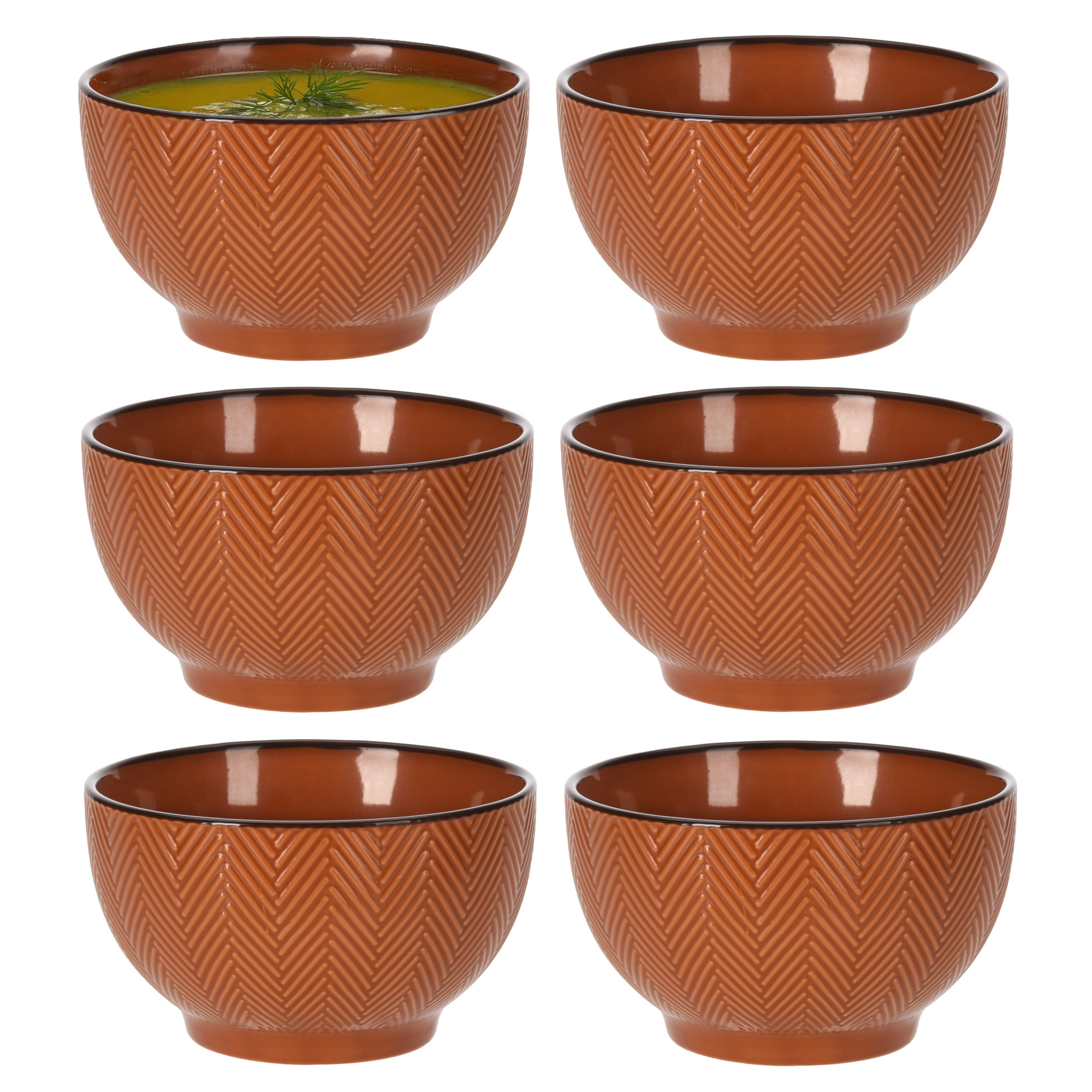 Siaki Soepkom Fishbone - 6x - terra - 14 x 8 cm - keramiek - kommetjes - 680 ml -