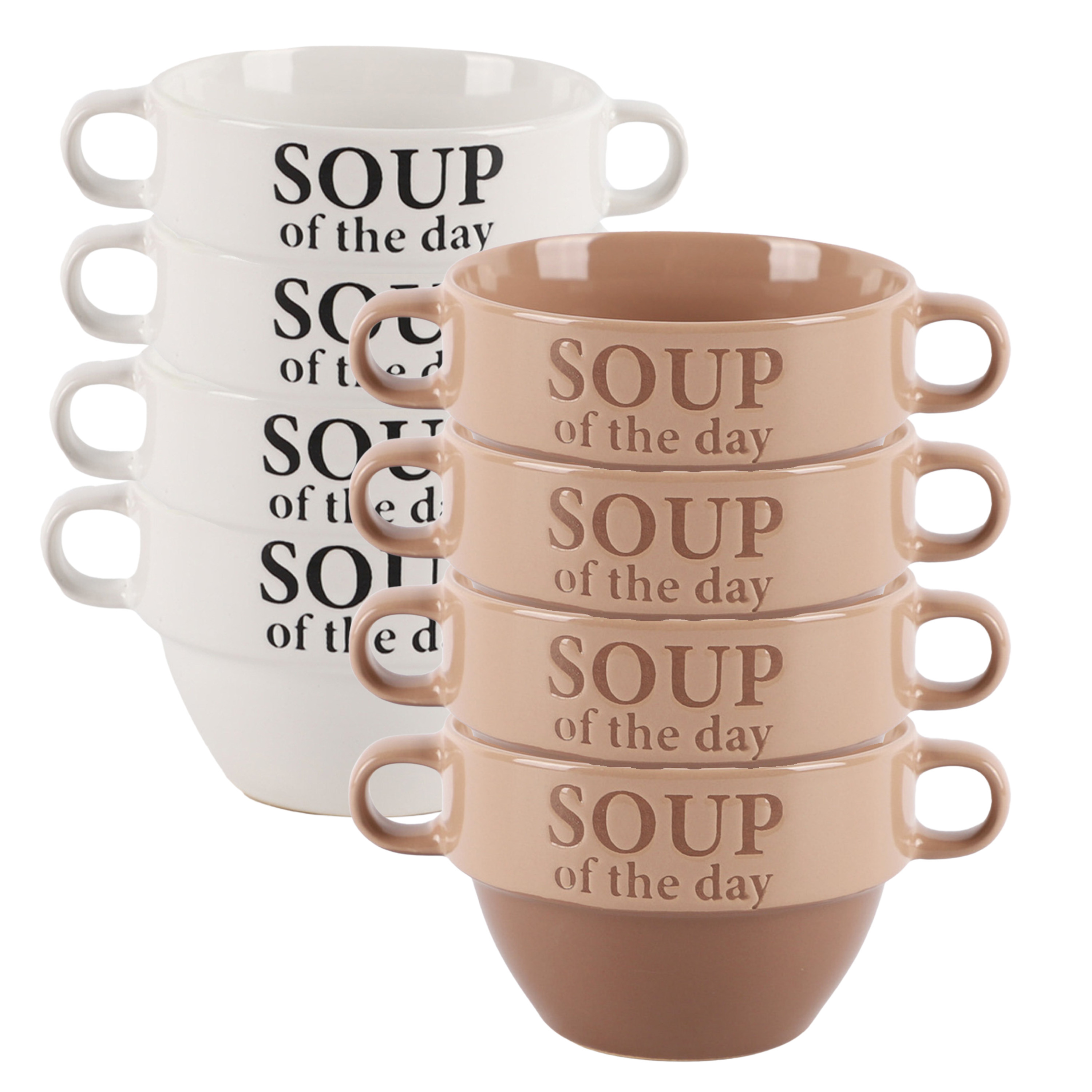 Bellatio Design Soepkommen - 8x - Soup of the day - keramiek - D12 x H8 cm - beige / wit - Stapelbaa -