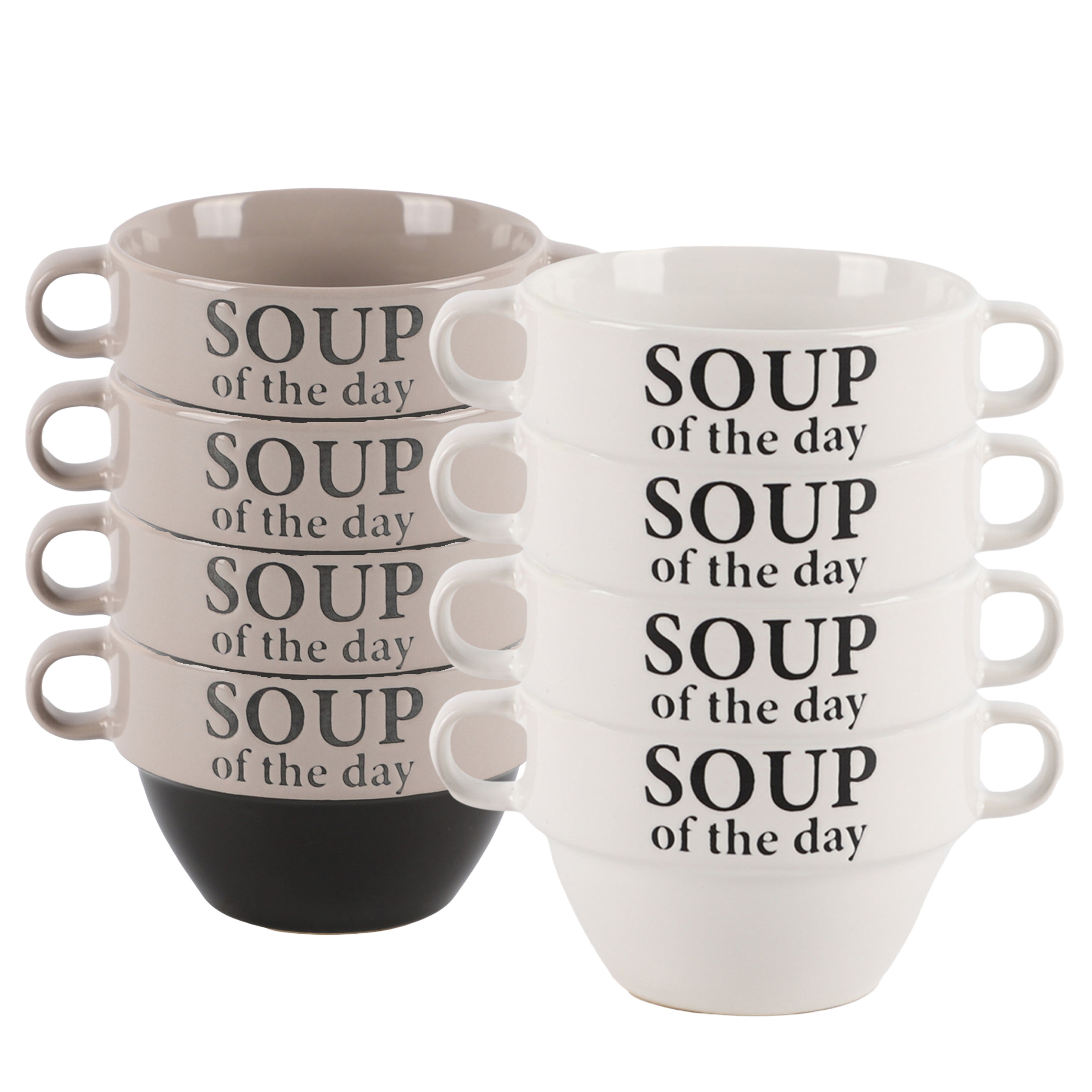 Bellatio Design Soepkommen - 8x - Soup of the day - keramiek - D12 x H8 cm - grijs / wit - Stapelbaa -