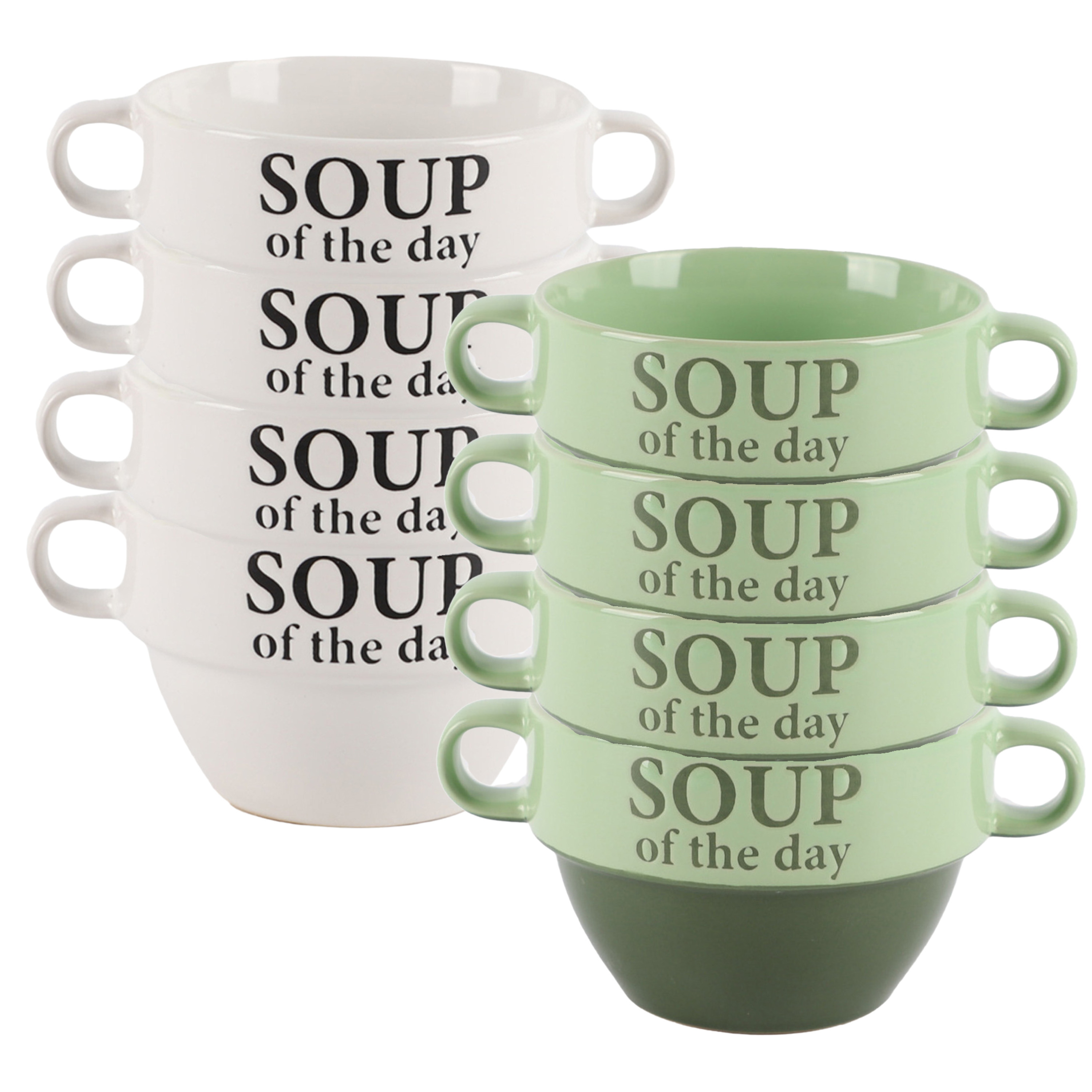 Bellatio Design Soepkommen - 8x - Soup of the day - keramiek - D12 x H8 cm - groen / wit -