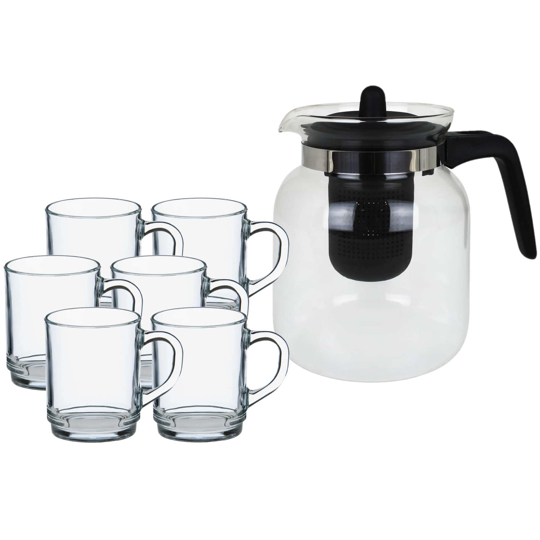 Merkloos Thee drink set - Glazen theepot met infuser - 1,5 liter - met 6x stuks theeglazen - van 260 ml -