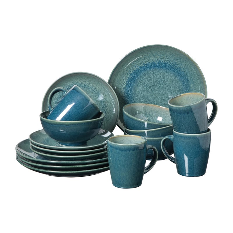 Xenos Serviesset reactive glaze - blauw - 16-delig