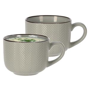 Siaki Soepkom Fishbone - 2x - lichtgrijs - 12 x 9 cm - keramiek - kommetjes met oor - 560 ml -