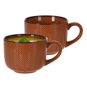 Siaki Soepkom Fishbone - 2x - terra - 12 x 9 cm - keramiek - kommetjes met oor - 560 ml -