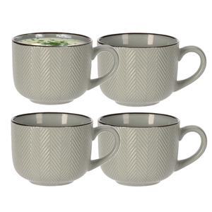 Siaki Soepkom Fishbone - 4x - lichtgroen - 12 x 9 cm - keramiek - kommetjes met oor - 560 ml -