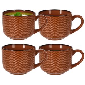 Siaki Soepkom Fishbone - 4x - terra - 12 x 9 cm - keramiek - kommetjes met oor - 560 ml -