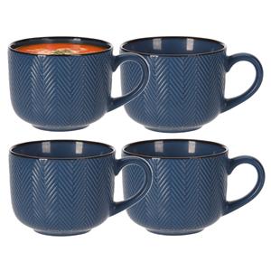Siaki Soepkom Fishbone - 4x - blauw - 12 x 9 cm - keramiek - kommetjes met oor - 560 ml -