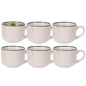 Siaki Soepkom Fishbone - 6x - cremewit - 12 x 9 cm - keramiek - kommetjes met oor - 560 ml -