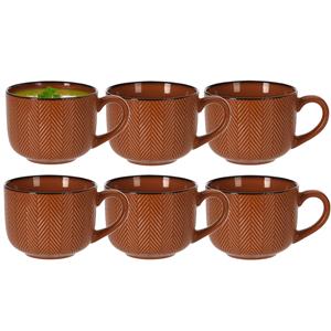 Siaki Soepkom Fishbone - 6x - terra - 12 x 9 cm - keramiek - kommetjes met oor - 560 ml -