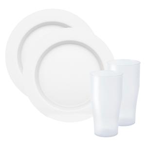Juypal Hogar Servies set - 4x borden en drinkbekers - wit- kunststof - herbruikbaar -