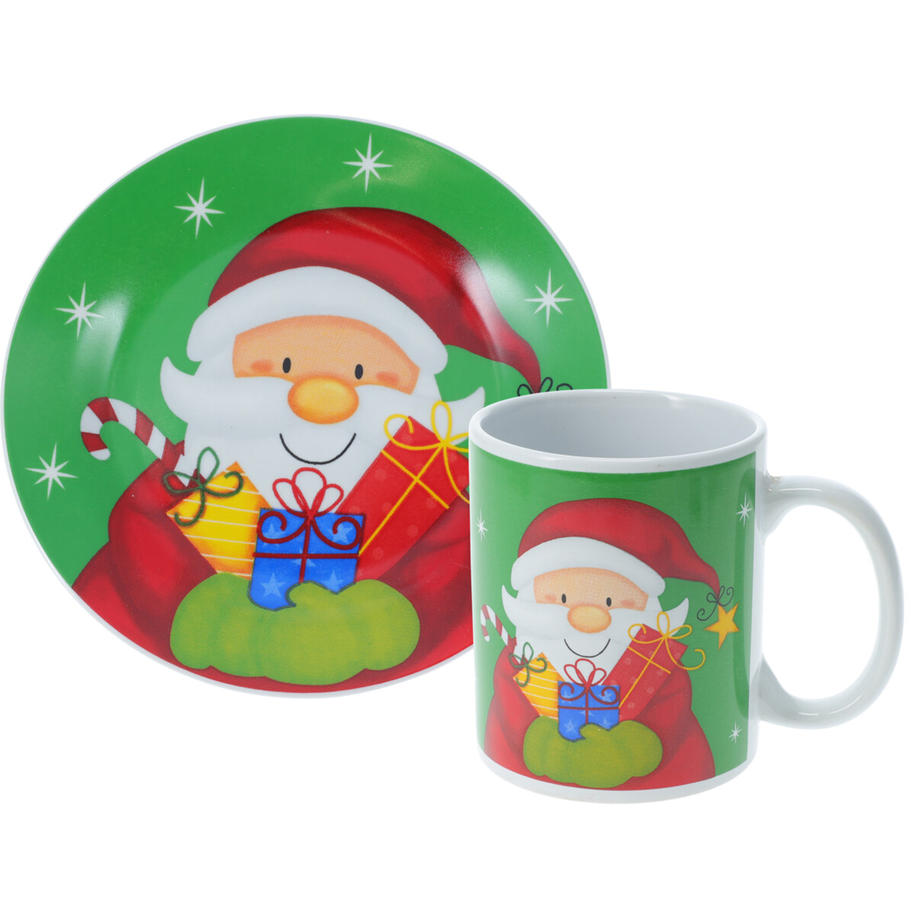 Siaki Kerst servies setje - bordjes, beker - 2dlg - groen met kerstman -
