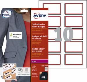 Avery Bedrukbare en beschrijfbare naambadge - zelfklevend 50 x 80 mm rood kader. L4786-20 (pak 200 stuks)