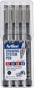 Artline Fineliner Drawing System etui van 4 stuks: 0,2 - 0,4 - 0,6 en 0,8 mm