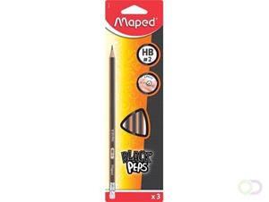 Maped potlood Black'Peps HB, 3 stuks op blister, met gum